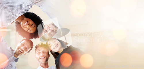 Image of Business people, huddle and diversity, team with banner and low angle, smile in portrait with mission and trust. Mockup space, bokeh and strategy with support, collaboration and corporate group