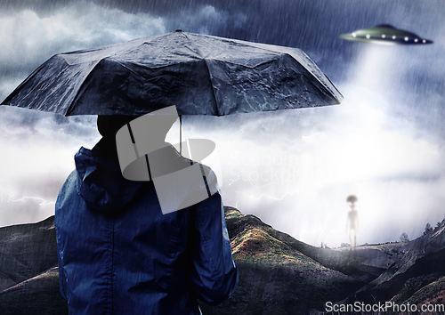 Image of Rain umbrella, man and ufo of alien outdoor on spaceship in science fiction mystery on countryside adventure. Flying saucer, back and person with extraterrestrial object for night abduction in storm