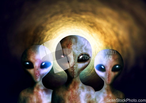 Image of Alien, extraterrestrial or earth invasion from outer space, futuristic fantasy or scifi on a background. Portrait, creature or monster from a galaxy, universe or surreal cosmos at night in the dark