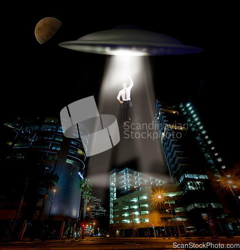 Image of City, abduction and man with UFO, spaceship and galaxy mission with invasion, science fiction and futuristic. Extraterrestrial machine, person and kidnapping with light beam, conspiracy and mystery