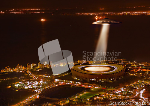 Image of UFO, light and city in night, alien invasion and search with light on stadium in Cape Town. UAP ship, flying saucer and tractor beam in dark cityscape, metro or cbd for survey, inspection and flight