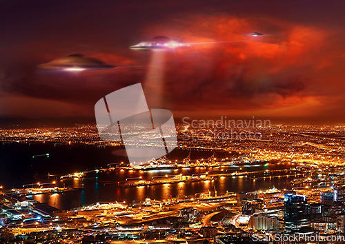 Image of UFO, city and spaceship with invasion, lights and alien with contact, science fiction or mystery. Machine, transport or extraterrestrial with fantasy, galaxy mission or futuristic with travel or glow