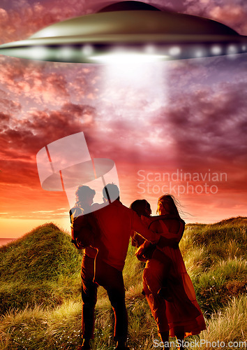 Image of Back, alien and flying ufo with a family outdoor in nature together during an invasion or spaceship discovery. Universe, earth and people in the mountains to search for proof of extraterrestrial life