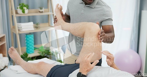 Image of Physiotherapy hands, stretching legs or person with patient for rehabilitation support, recovery or knee motion exercise. Physical therapy, healing and physiotherapist help client with joint mobility