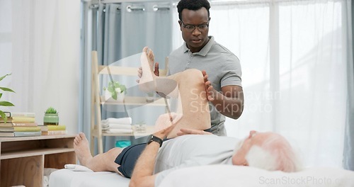 Image of Physiotherapy, stretching legs or person with old man for rehabilitation support, recovery in motion training for knee. Physical therapy, clinic or African physiotherapist help client with mobility