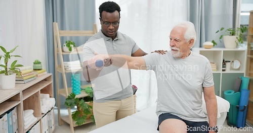 Image of Arm physiotherapy, dumbbell or person with old man for support, recovery in motion training. Physical therapy, rehabilitation or African physiotherapist helping elderly patient with mobility exercise