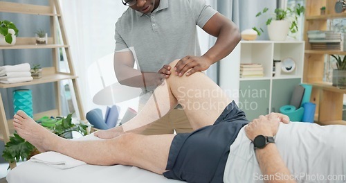 Image of Physiotherapy hands, knee massage and person help patient with rehabilitation, recovery or joint problem. Physical therapy care, injury healing support and physiotherapist check leg muscle of client