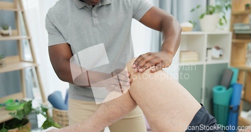 Image of Physiotherapy hands, knee massage and person help patient with rehabilitation, recovery or joint problem. Physical therapy care, injury healing support and physiotherapist check leg muscle of client