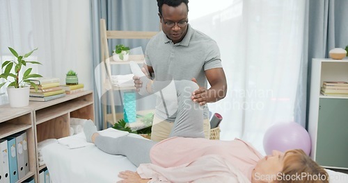 Image of Physiotherapist man, knee and patient for rehabilitation, recovery support or joint injury consultation. Physical therapy, stretching legs or African physiotherapy worker for medical healing service