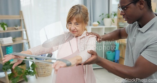 Image of Physiotherapy, arms resistance band and old woman for rehabilitation, recovery or help for motion training. Physical therapy, black man or physiotherapist stretching senior woman for mobility problem