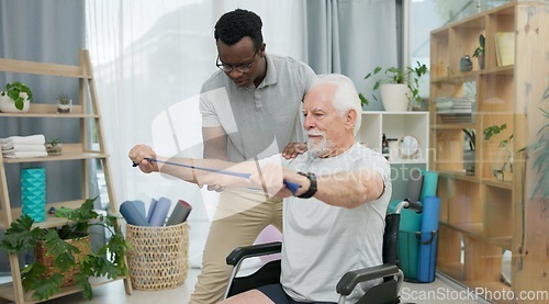 Image of Senior man with disability, physiotherapist and stretching band for muscle rehabilitation, chiropractor service or help. Physical therapy, medical support or patient in wheelchair at recovery clinic