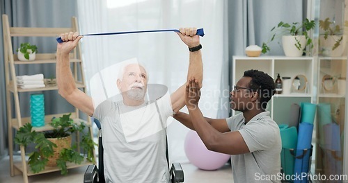 Image of Man with disability, physiotherapist and stretching band for healthcare rehabilitation, consulting and physical therapy assessment. Clinic, physiotherapy and support for senior patient in wheelchair