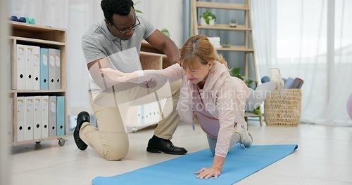 Image of Physiotherapist, body stretching and senior woman for rehabilitation, recovery and black man stretching client. Retirement physiotherapy, injury healing and physical therapist help elderly patient