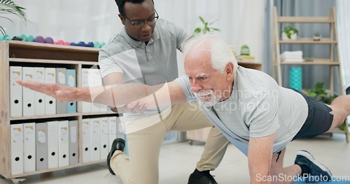 Image of Physiotherapy, body stretching and senior man for rehabilitation, recovery and black man support client. Retirement physical therapy, mobility or African physiotherapist help elderly patient on floor