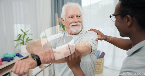 Image of Physiotherapy results, arm stretching or old man for rehabilitation, recovery and black man check injury healing. Support, motion mobility assessment or African physiotherapist advice elderly patient