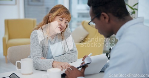 Image of Talking, results and woman with black man or doctor for healthcare, insurance or checklist. Wellness, consulting and a senior patient speaking to an African clinic worker with a document for surgery