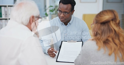 Image of Senior couple, communication and contract with financial advisor and retirement plan to sign. Document, advice and business analyst with information and paperwork in office for signature of will