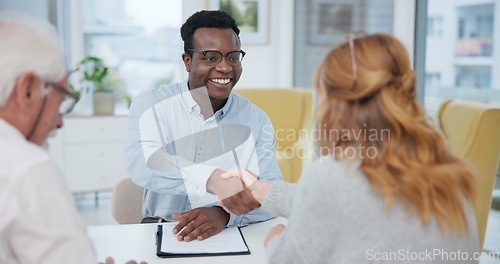 Image of Senior couple, insurance agent and handshake with planning and investment at meeting. Finance, shaking hands and agreement deal for accounting and retirement budget for income savings with thank you