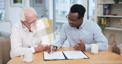 Image of Senior man, insurance and contract with financial advisor and retirement plan to sign. Document, pension deal and business analyst with male person and paperwork in office for signature of will