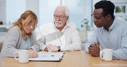 Image of Senior couple, insurance and contract with financial advisor and retirement plan to sign. Document, pension and business analyst with information and paperwork in office for signature of will