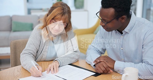 Image of Woman, insurance deal and contract with financial advisor and retirement plan to sign. Document, female person and business analyst with information and paperwork in office for signature of will