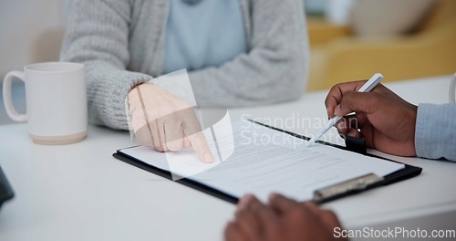 Image of Planning, contract and consulting with hands of lawyer and client for life insurance, signature or deal. Financial advisor, legal documents and agreement with closeup of people in law firm for report