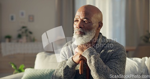 Image of Home, thinking and old man with depression, memory and remember with retirement, alone and sad. Male person, elderly guy or pensioner in a living room, depressed and mental health issue with thoughts