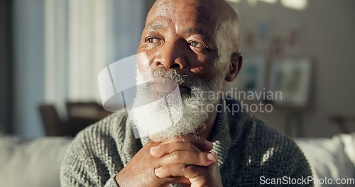 Image of Home, thinking and senior man with depression, retirement and remember with calm, wonder and sad. Male person, mature guy and pensioner on a couch, nursing facility and old gentleman with Alzheimer