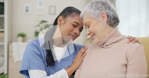 Image of Medical, support and happy with nurse with old woman on sofa for empathy, volunteer and trust. Healthcare, retirement and rehabilitation with senior patient and caregiver in nursing home for healing