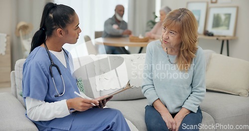 Image of Senior woman with nurse, questions and clipboard with caregiver and elderly care, checklist and health insurance. Medical paperwork, female people and conversation with choice, list and homecare