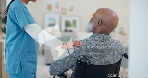 Image of Senior man, wheelchair and support with nurse help and healthcare in retirement home. Caregiver, employee and elderly care with person with disability with patient ready for physiotherapy with man