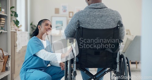 Image of Senior man, wheelchair and medical support with nurse help and healthcare in retirement home. Caregiver, employee and elderly care with person with disability with patient ready for physiotherapy