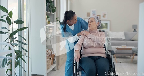 Image of Caregiver, elderly woman and talking about wheelchair support discussion, geriatric senior care or old age disability. Nursing home conversation, disabled or nurse help retirement patient with moving