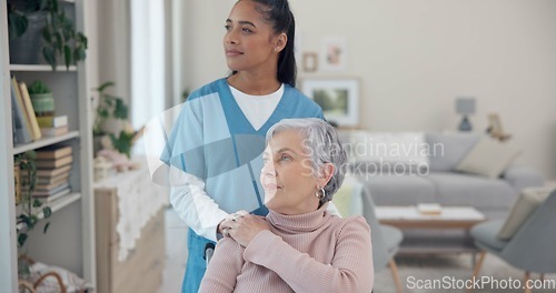 Image of Caregiver, disabled and elderly woman with wheelchair for support, geriatric senior care or old age movement disability. Thinking, nursing home view and nurse helping retirement patient with moving