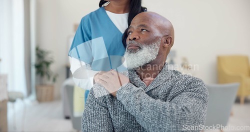 Image of Senior man, wheelchair and sad with nurse support and healthcare in retirement home. Caregiver, employee and elderly care with male person with disability with patient ready for medical surgery