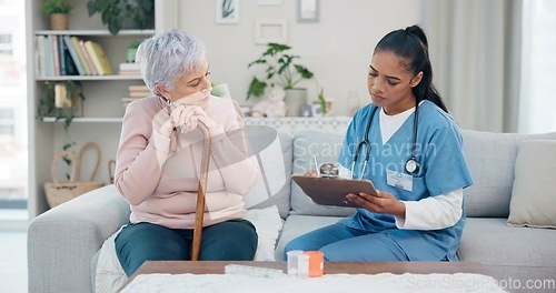 Image of Clipboard, senior woman and nurse talking, ask question or writing client info, medical summary or healthcare survey. Checklist, home and retirement caregiver speaking to elderly patient about pills