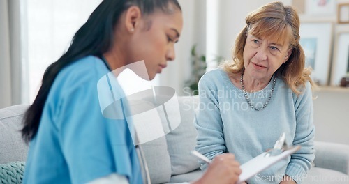 Image of Clipboard, senior woman talking or nurse writing answers, ask question or check healthcare info, medical summary or survey. Questionnaire, retirement home or caregiver consulting with elderly patient