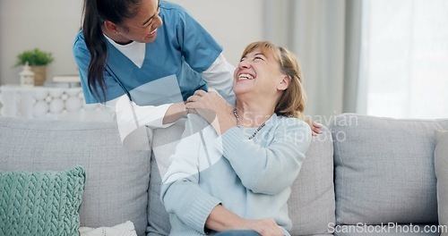 Image of Caregiver, conversation and elderly woman laughing at funny joke, senior care humour or health service comedy. Retirement home, healthcare comic and nurse talking to relax patient, laugh and bond