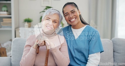 Image of Caregiver portrait, disabled and elderly woman with walking stick for support, help or old age movement disability. Retirement healthcare, nursing home smile or face of relax senior patient with cane