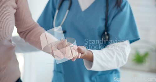 Image of Nurse, disabled and old person holding hands for walking support, elderly care or movement disability. Closeup rehabilitation service, retirement home physiotherapy and caregiver help senior patient