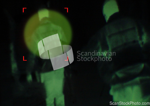 Image of Military, enemy and target in night vision, overlay or dark green silhouette of spy, agent or terrorist risk to soldier. Police, surveillance and people in infrared security scope for army mission