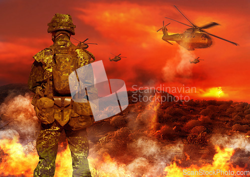 Image of Military, helicopter and soldier by explosion for service, battlefield or fight in forest with army uniform and protection. Warzone, warrior and person in camp look at apocalypse in woods for defence