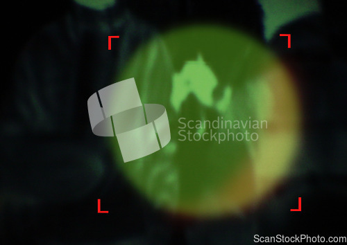 Image of Military, enemy and target in night vision, overlay or dark green silhouette of spy, agent or terrorist risk to soldier. Police, surveillance and security people in infrared scope for army mission