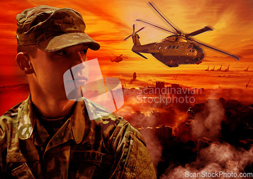 Image of Explosion, military and soldier with helicopter and fire in warzone for service, defence and battle in camouflage. Apocalypse, conflict and face of person in army uniform for fight and action in city