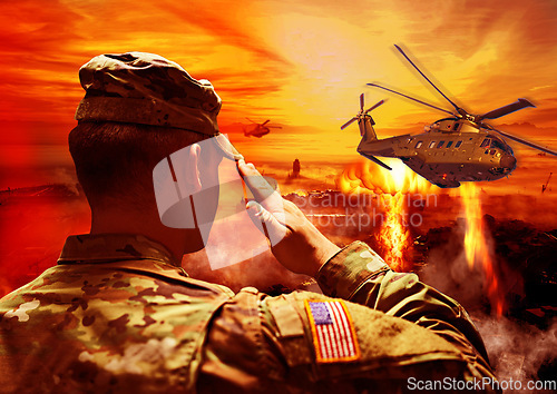 Image of Soldier, war and a man with a salute for a helicopter, military training and fire during a battle. Back, nature and an army veteran with respect for navy transport on the battlefield for a mission