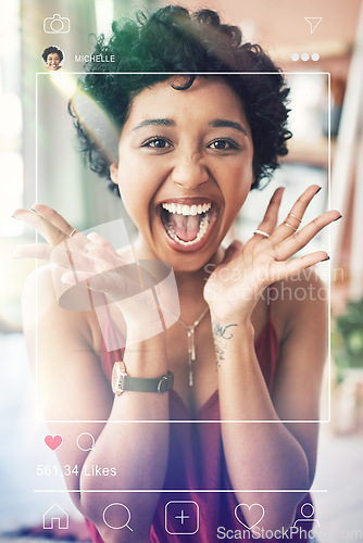 Image of Excited, woman portrait and social media app overlay of influencer face and photography for website. Frame, internet and graphic with home page of profile and networking software with screen display
