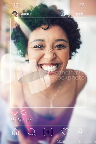 Image of Photo post, woman portrait and social media app overlay of influencer face and photography for web. Frame, internet and graphic with home page of profile and networking software with screen display