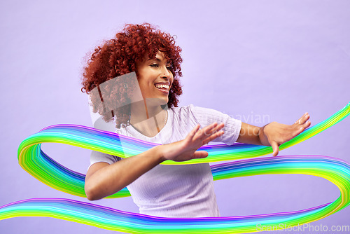 Image of Woman, color or hologram with dancing, motion or celebration on a purple studio background. Person, model or girl with energy, holographic or move with achievement, motivation or wave with creativity