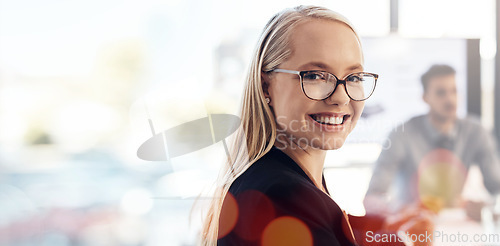 Image of Portrait, business and woman with glasses, smile or professional with confidence, banner or bokeh. Face, happy person or consultant in a workplace, overlay or employee with success, career or meeting