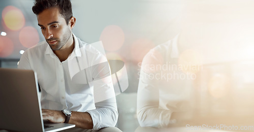 Image of Laptop, research and businessman in office with mockup space and bokeh banner for advertising. Technology, working and professional male designer on computer in workplace with mock up for marketing.